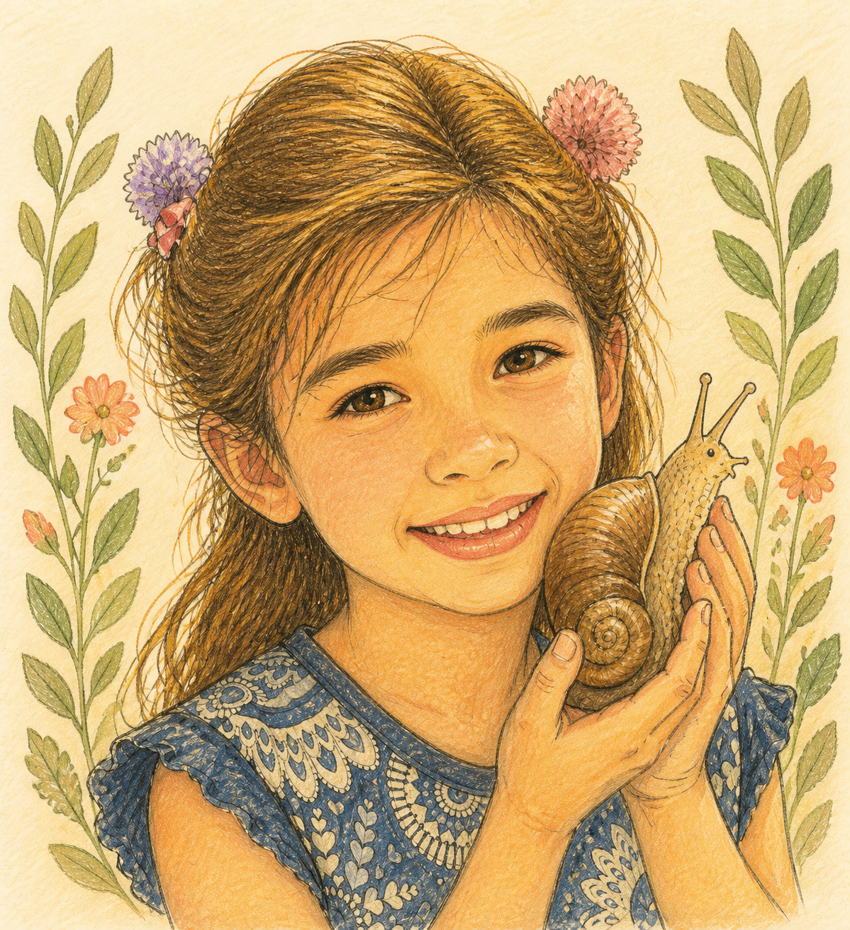 Scarlett holding a snail — illustrated in crayon style